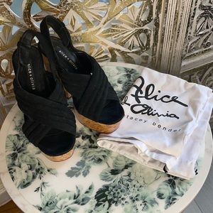 Alice+Olivia black prime suede wedge platform 6.5